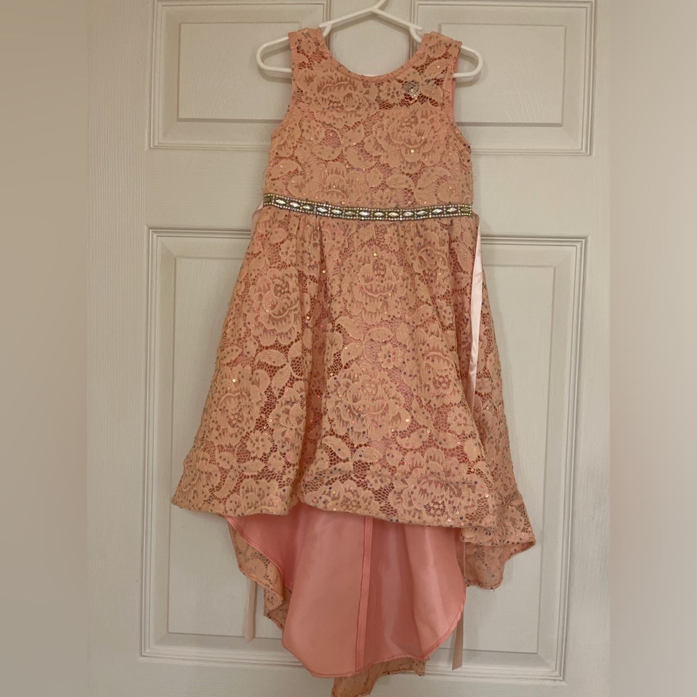 Rare Editions Pink Lace High Low Dress Sparkle Waist Girls Size 4T
